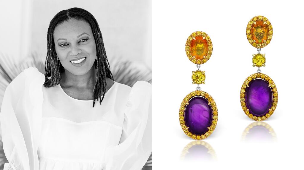 Designer Alexia Connellan and her “Royal” earrings featuring amethyst, Welo opal, and sphene Alexia Connellan and her Royal earrings